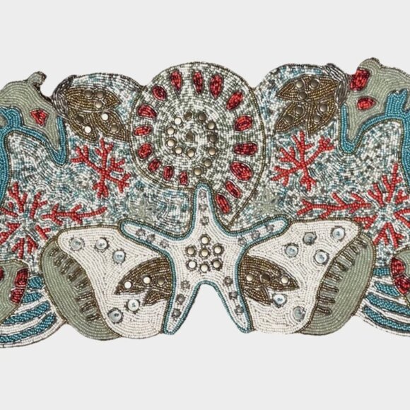 Beaded Starfish Seashell Shells Starfish Coral Reef Table Runner Ocean Beach 36" - Picture 2 of 10